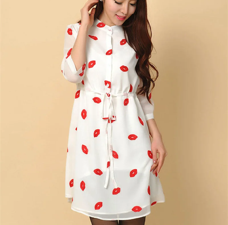 Autumn Cute Red Lips Print Stand Collar lined Dresses Women Chiffon Dress with Sashes Plus Size S-4XL Autumn Cute Red Lips Print Stand Collar lined Dresses Women Chiffon Dress with Sashes Plus Size S-4XL