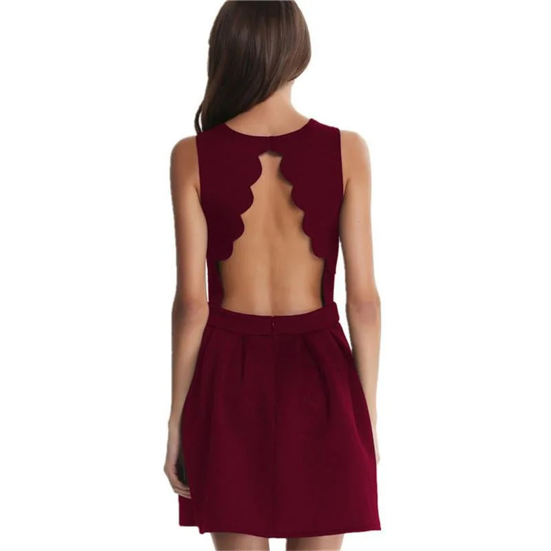 Summer Dress Girls Sleeveless Open Scallop Pleated Elegant Women Above Knee Dress
