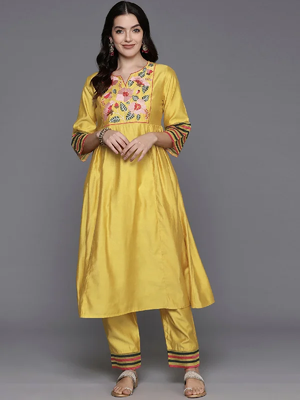 Women Yellow Embroidered A-Line Kurta Trousers Set - Taantav Trousers Bridal Satin