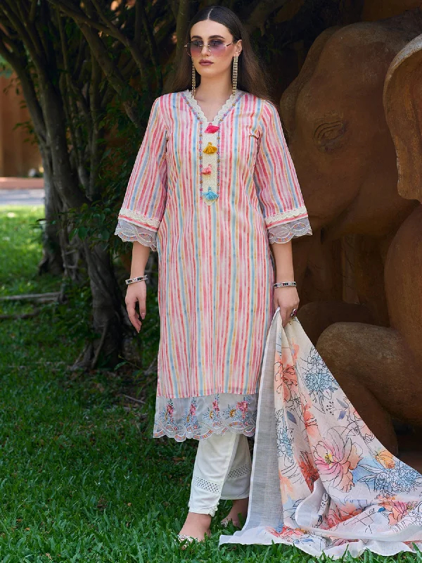 Women Multi Striped Straight Kurta Trousers With Dupatta Set - Taantav Chinos Cotton Straight Leg