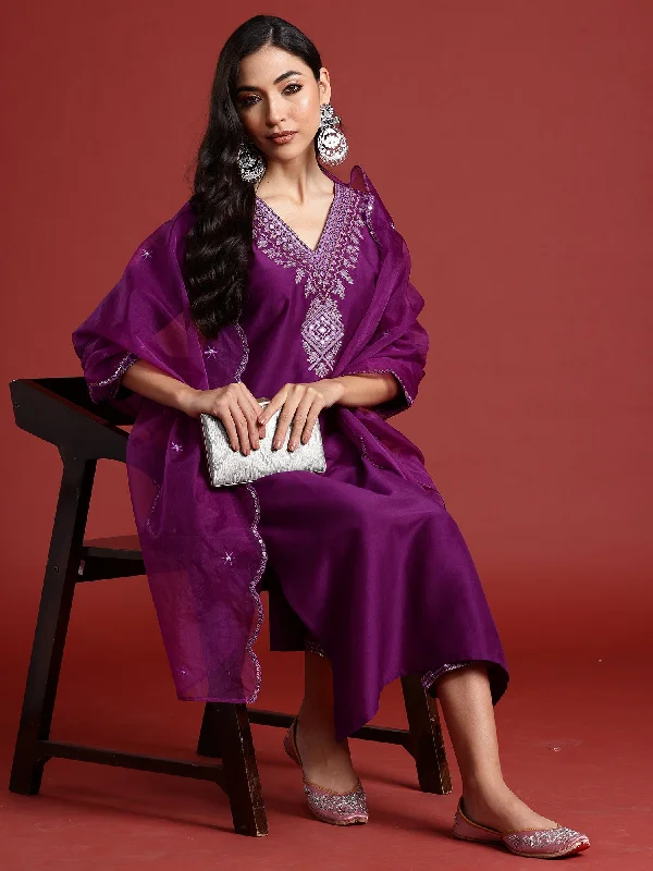 Women Purple Embroidered Straight Kurta Trousers With Dupatta Set - Taantav Trousers Spring Floral