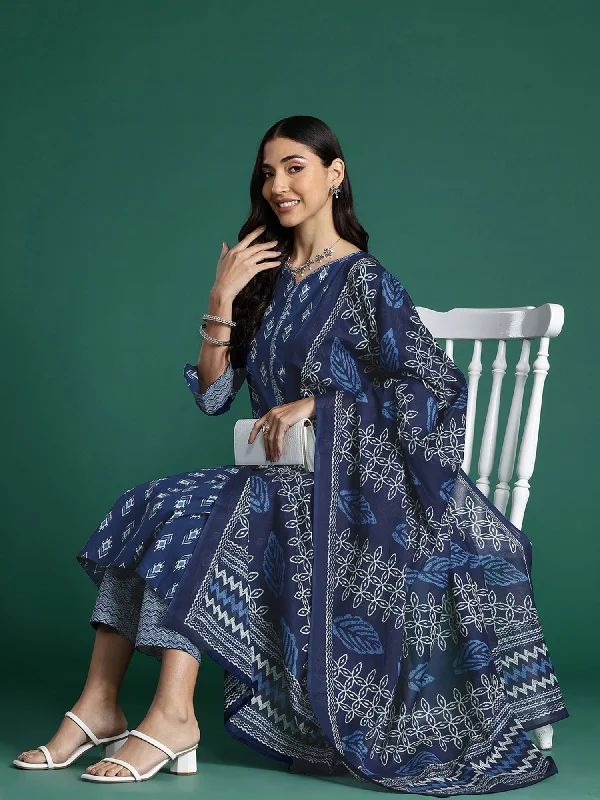 Women Blue Printed Straight Kurta Trousers With Dupatta Set - Taantav Trousers chic fashionable