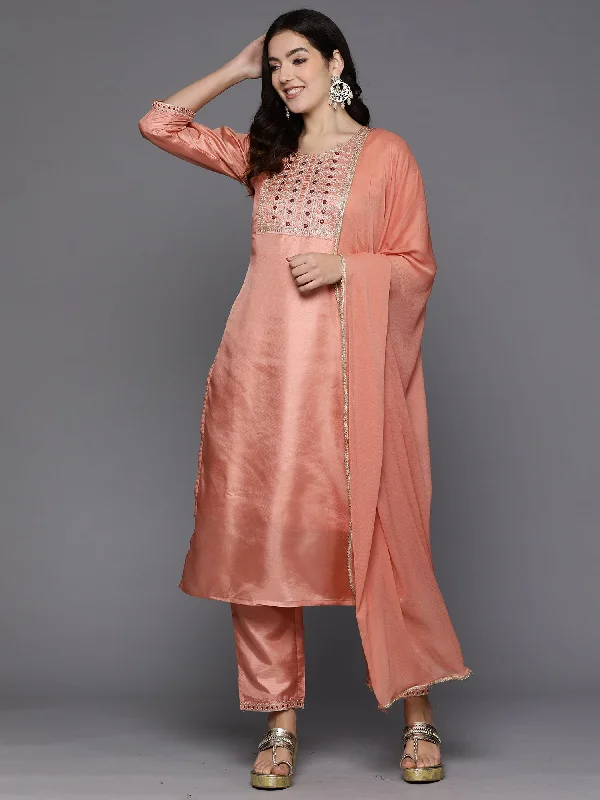 Women Peach Embroidered Straight Kurta Trousers With Dupatta Set - Taantav Trousers Favorite Customer