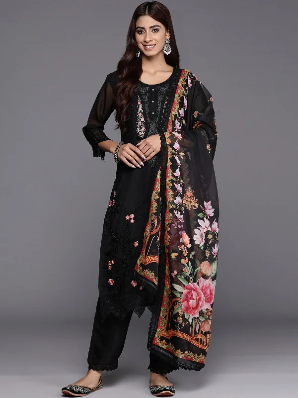 Women Black Embroidered Straight Kurta Trousers With Dupatta Set - Taantav Trousers practical easy-care