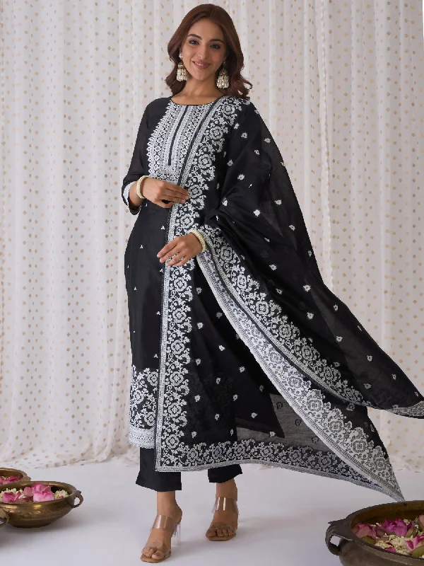 Women Black Woven Design Straight Kurta Trousers With Dupatta Set - Taantav Trousers Silk Elegant