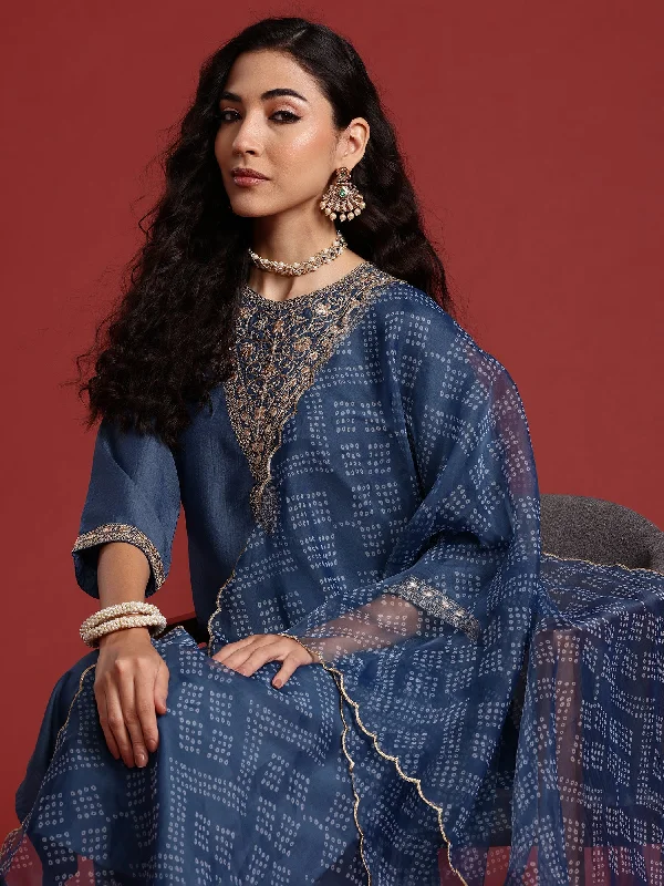 Women Grey Embroidered Straight Kurta Trousers With Dupatta Set - Taantav Trousers sophisticated sleek