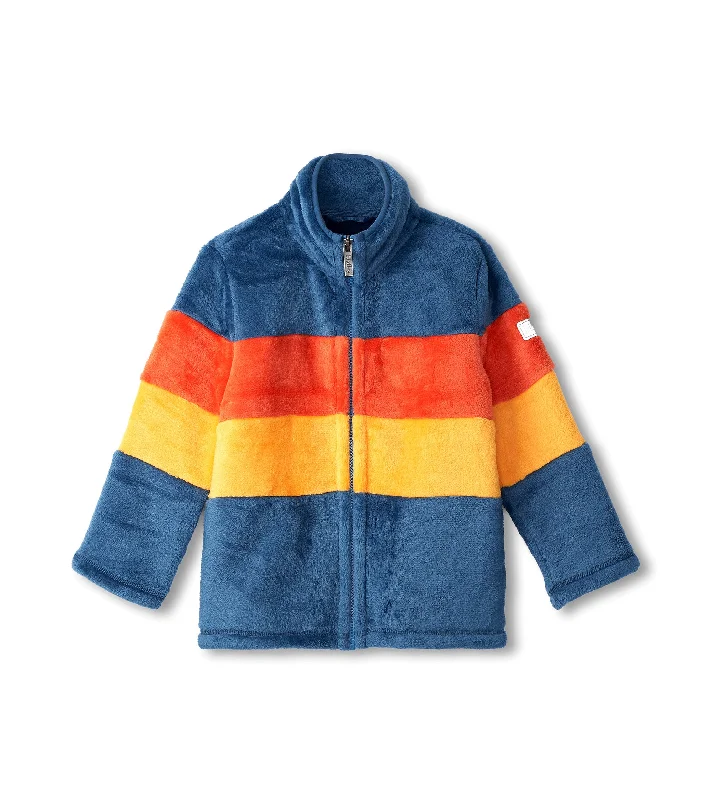 Color Block Stripes Fuzzy Fleece Zip-Up Jacket | Navy Welt Pockets Slit Pockets Flap Pockets Color Block Stripes Fuzzy Fleece Zip-Up Jacket | Navy Welt Pockets Slit Pockets Flap Pockets