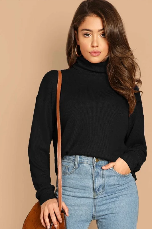 Turtle Neck Black Pullover Seamless Knit Pullover