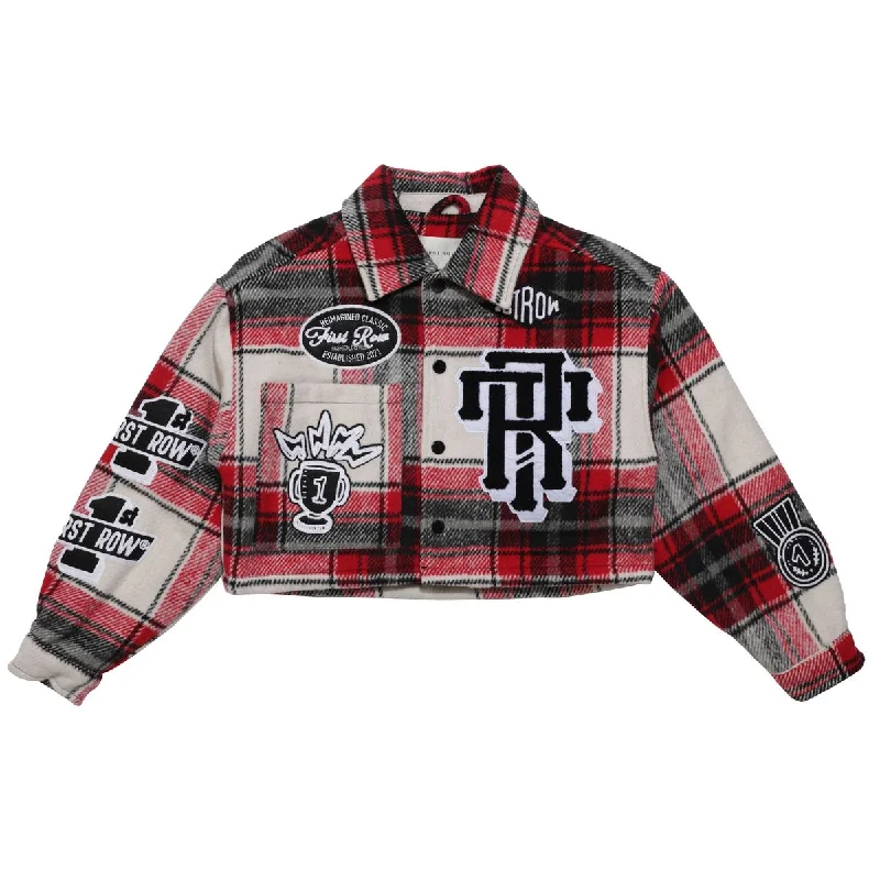 First Row Trophy Room Multi Patches Shacket "Red Women's Jacket" Satin Fabric Silk Fabric Chiffon Fabric First Row Trophy Room Multi Patches Shacket "Red Women's Jacket" Satin Fabric Silk Fabric Chiffon Fabric