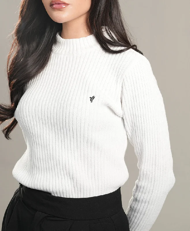 White Mock Neck Sweater (Women) Graphic Sweater Embroidered Appliqued