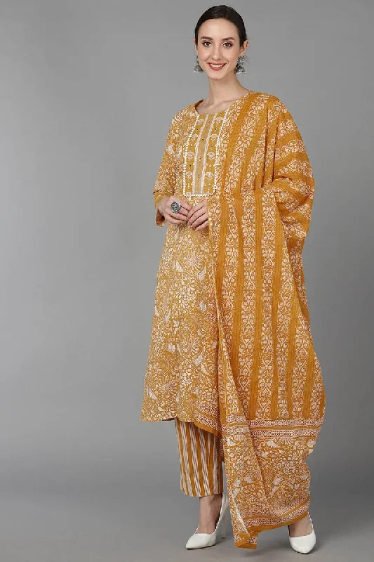 Ahika Mustard Pure Cotton Printed Kurta Trousers With Dupatta Trousers stylish elegant