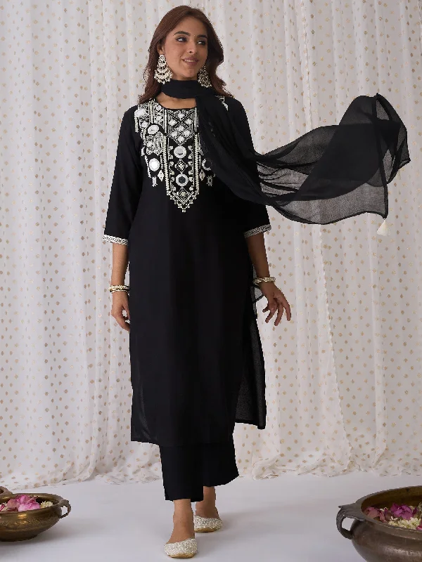 Women Black Embroidered Straight Kurta Trousers With Dupatta Set - Taantav Trousers stylish modern