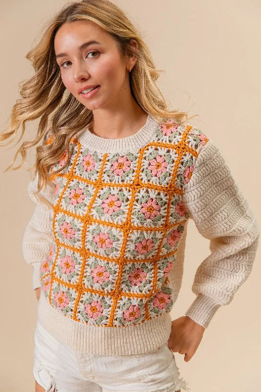 On The Square Crochet Sweater Solid Print Embellished