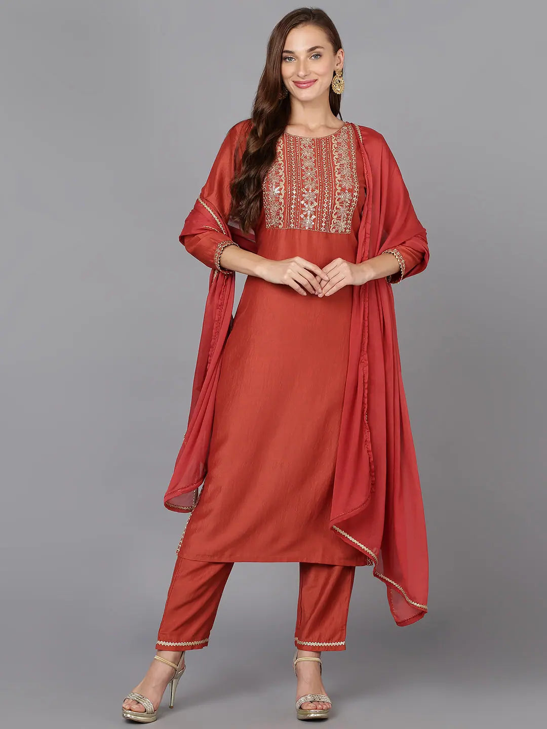 Ahika Women Silk Blend Embroidered Kurta Trouser-VKSKD1777A_XS Trousers Low Rise Relaxed