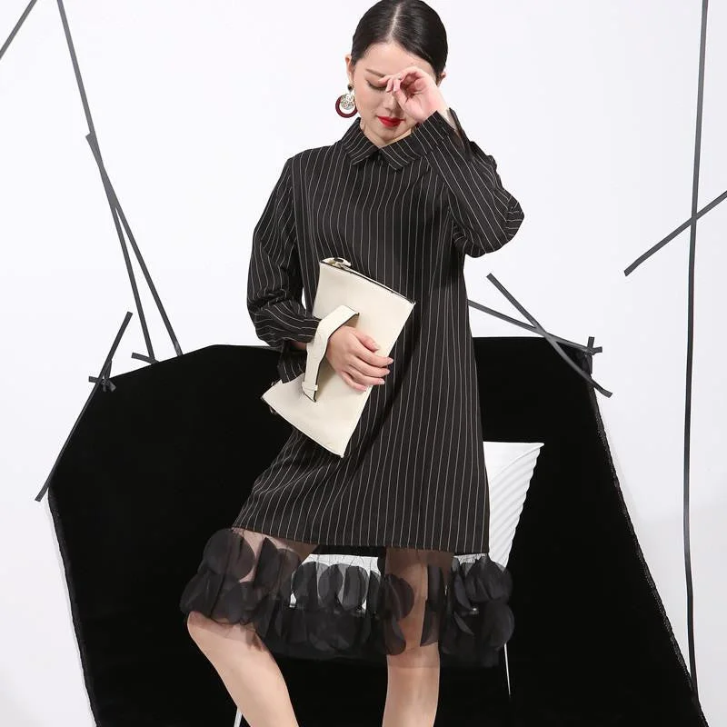 Spring Vertical Stripes Lapel Three-Dimensional Dress Stitching Yarn Women Apparel 4L0051 Spring Vertical Stripes Lapel Three-Dimensional Dress Stitching Yarn Women Apparel 4L0051