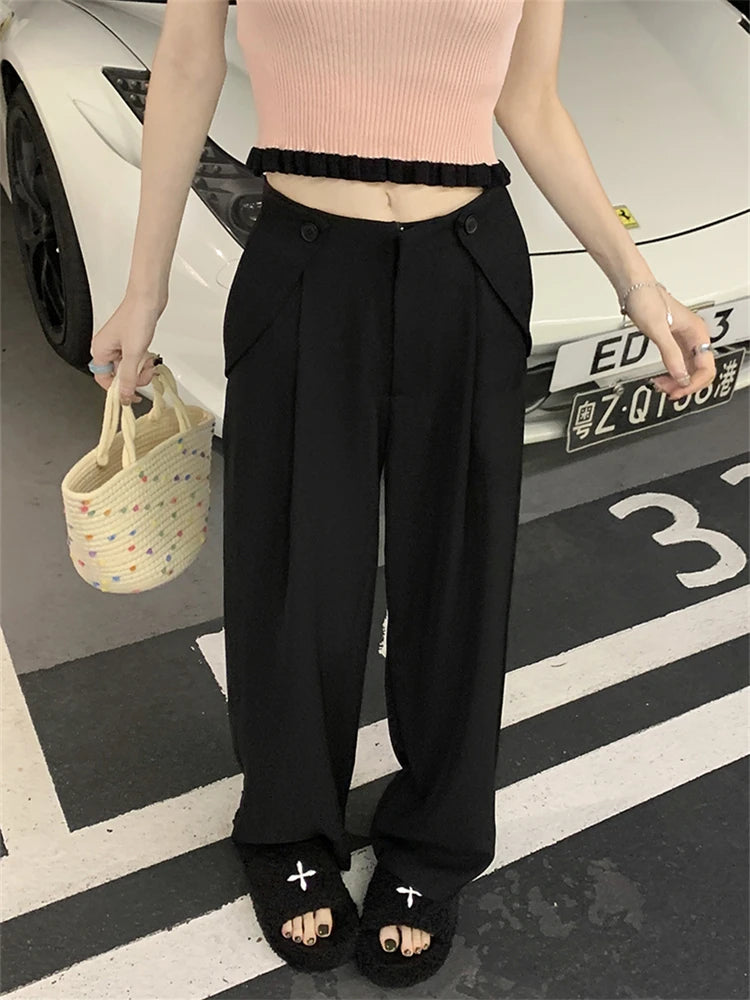 Advbridge  -  Women's Wide Leg Casual Black Suit Pants Fashion Commuter Office Girl Temperament Female High Waisted Straight Thin Trousers Trousers Review Highly