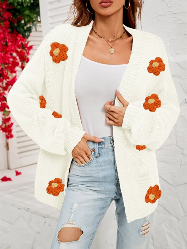 Blue Zone Planet | long-sleeved floral cardigan lantern sleeves knitted sweater jacket Solid Print Embellished