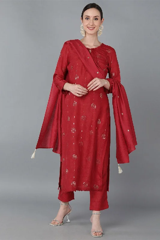 Ahika Red Silk Blend Solid Kurta Trousers With Dupatta Trousers Striped Patterned