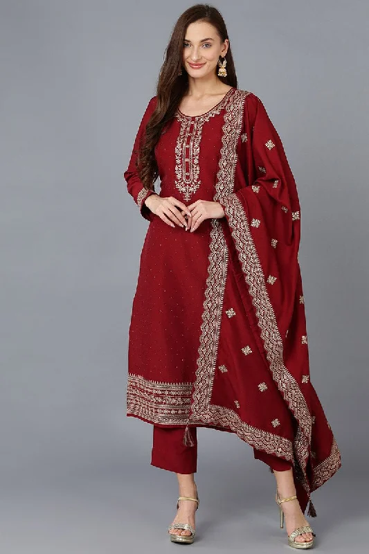 Ahika Maroon Silk Blend Solid Straight Kurta Trousers With Dupatta Cropped Trousers Casual Linen