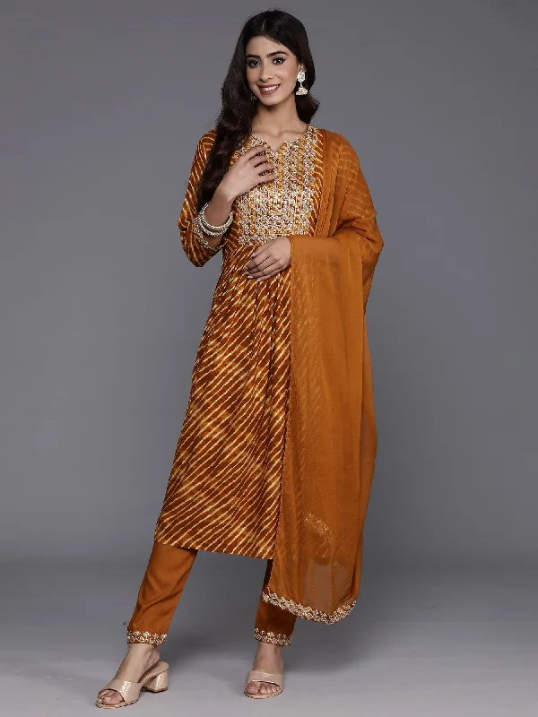 Women Mustard Embroidered A-Line Kurta Trousers With Dupatta Set - Taantav Trousers cozy soft