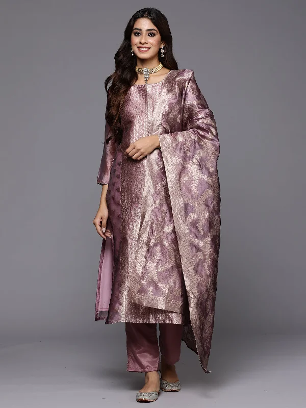 Women Mauve Woven Design Straight Kurta Trousers With Dupatta Set - Taantav Trousers Chinos Classic