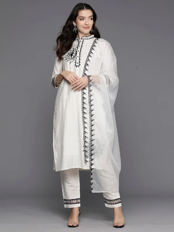 Women Cream Embroidered Straight Kurta Trousers With Dupatta Set - Taantav Trousers cozy soft