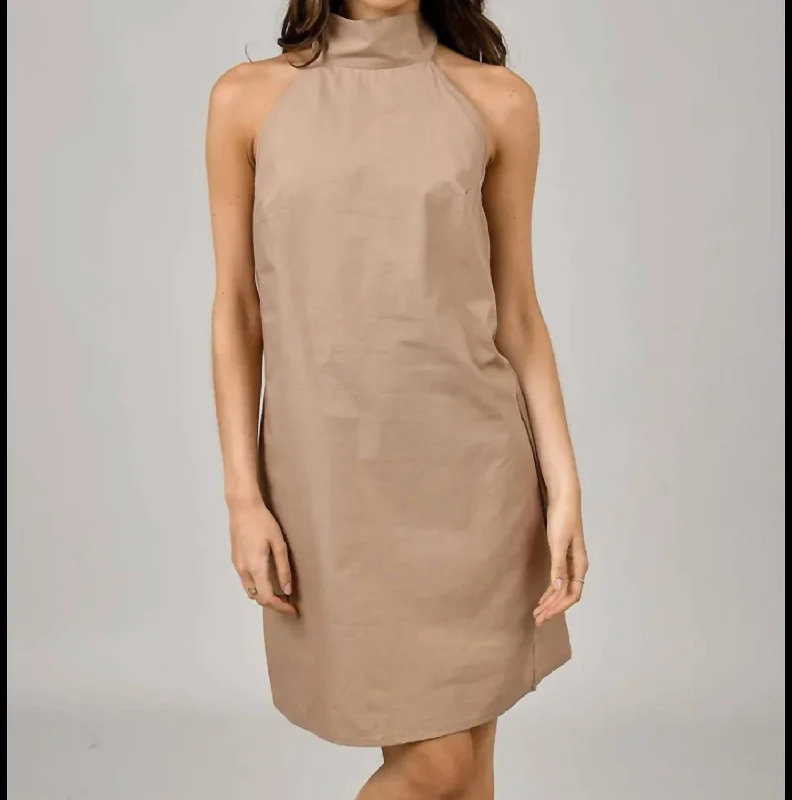 Mel Poplin Mock Neck Halter Dress In Truffle