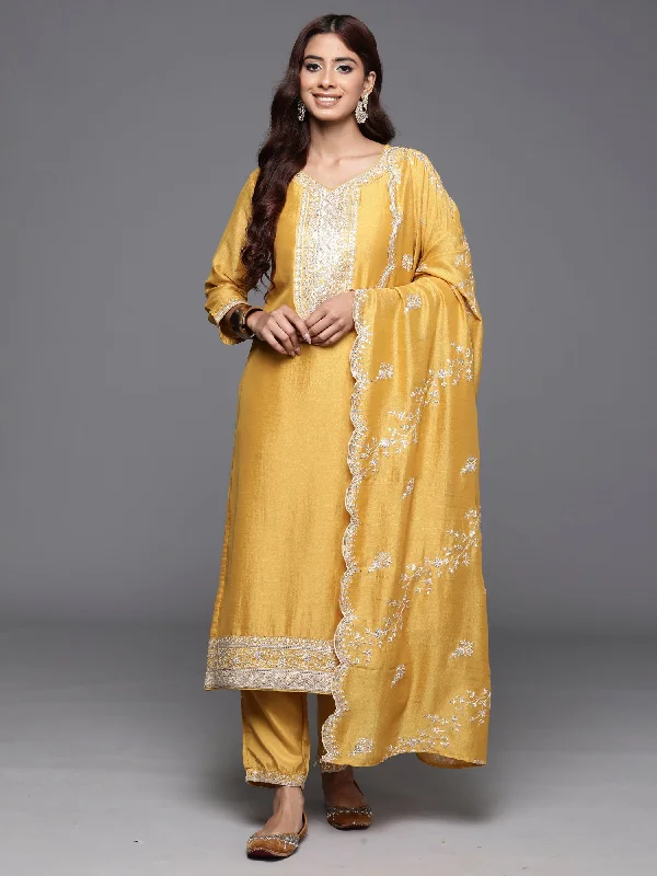 Women Yellow Embroidered Straight Kurta Trousers With Dupatta Set - Taantav High Waist Slim Fit Ankle Length