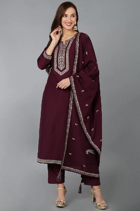 Ahika Burgundy Silk Blend Solid Straight Kurta Trousers With Dupatta Trousers Cargo pockets