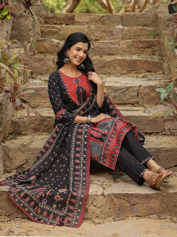 Women Black Printed Straight Kurta Trousers With Dupatta Set - Taantav Trousers Canvas Durable