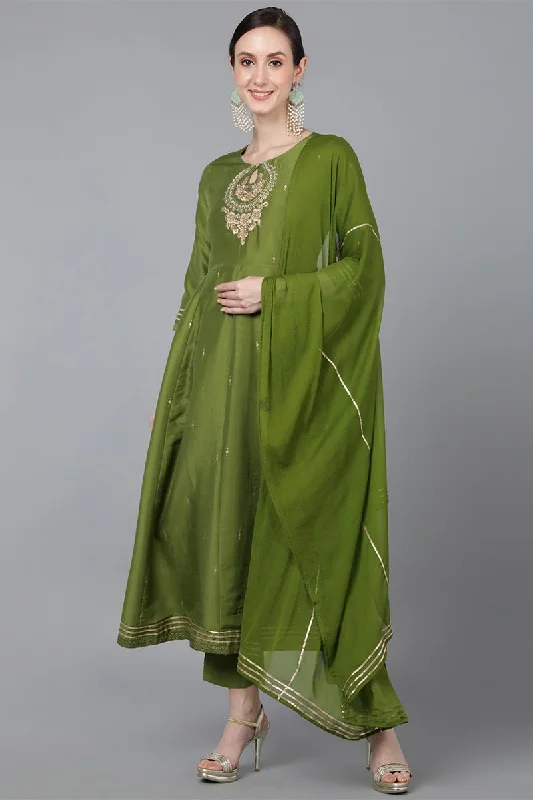 Ahika Green Poly Silk Ethnic Motifs Yoke Design Kurta Trousers With Dupatta Trousers Chinos Classic