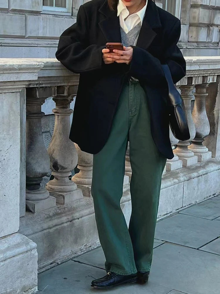 ADVBRIDGE Vintage Winter New Flocking Dark Green High Waist Straight Leg Jeans Women Korean Fashion Plain Denim Trousers with Pocket Pants Trousers sophisticated sleek ADVBRIDGE Vintage Winter New Flocking Dark Green High Waist Straight Leg Jeans Women Korean Fashion Plain Denim Trousers with Pocket Pants Trousers sophisticated sleek