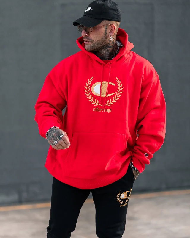 Champion Champion x Culture Kings Rev Weave Hoodie Red/Gold Hoodie with Cuffed Sleeves Snug Secure Champion Champion x Culture Kings Rev Weave Hoodie Red/Gold Hoodie with Cuffed Sleeves Snug Secure