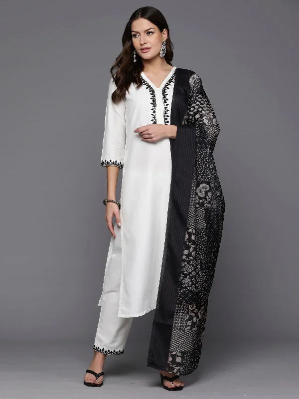 Women White Embroidered Straight Kurta Trousers With Dupatta Set - Taantav Trousers Review Highly