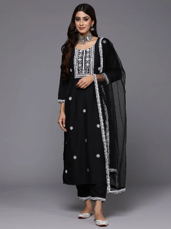 Women Black Embroidered Straight Kurta Trousers With Dupatta Set - Taantav Trousers chic elegant