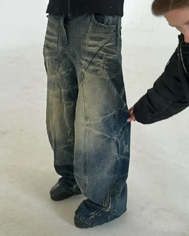 Advbridge 90s Streetwear Streetwear Y2K Retro Ripped Jeans Men Women Washed Distressed Wide Leg Oversized Jeans Punk Hip Hop Fashion Trousers Baggy Pants 1017 Trousers Mesh Breathable