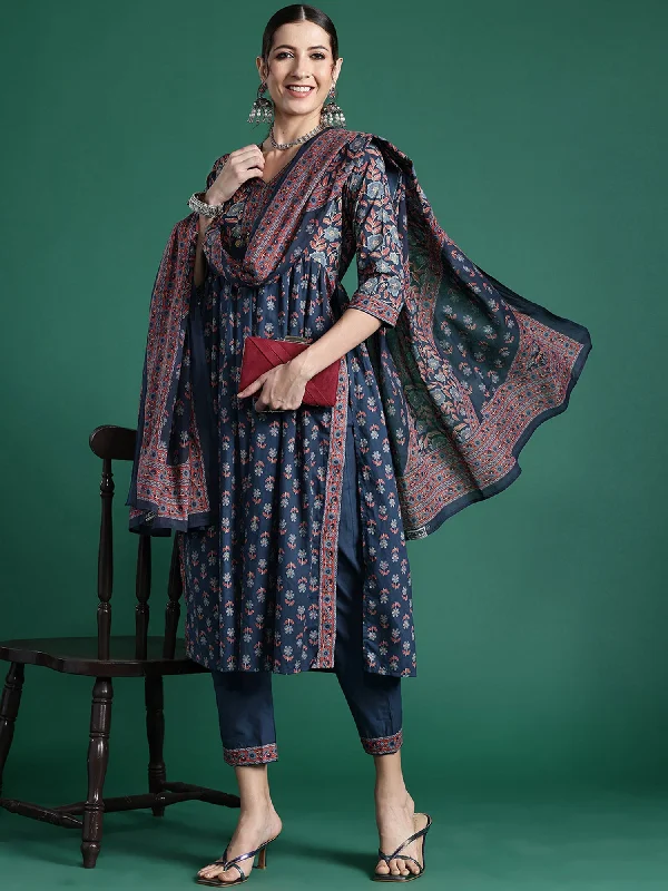 Women Blue Printed A-Line Kurta Trousers With Dupatta Set - Taantav Cropped Trousers Casual Linen