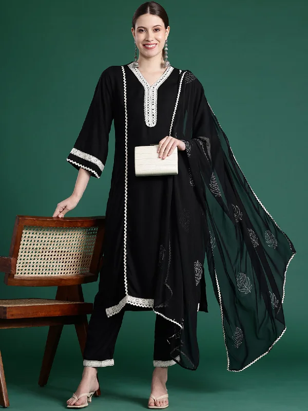 Women Black Embroidered Straight Kurta Trousers With Dupatta Set - Taantav Trousers practical durable