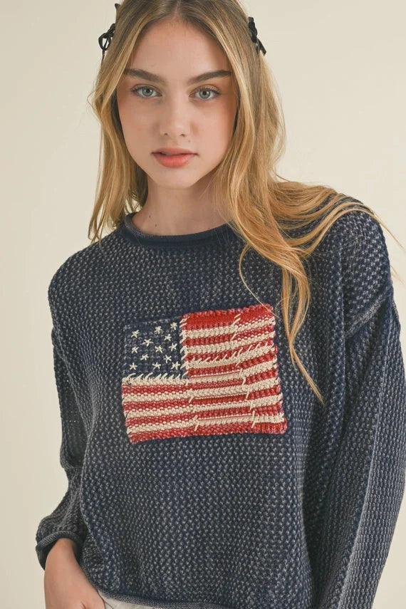 FLAG KNITTED SWEATER TOP Front Pockets Side Pockets Patch Pockets