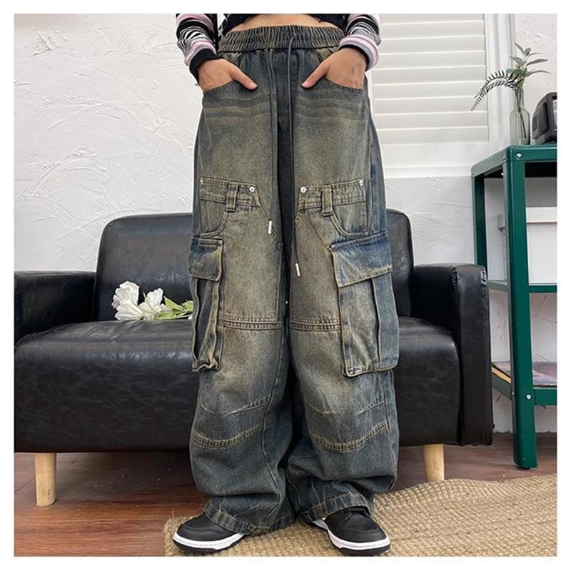 Advbridge Women's Elastic Waist Drawstring Large Pocket Neutral Jeans Cool Girl High Waisted Pants Female Casual Wide Leg Denim Trousers Skinny Trousers Denim Stretchy Advbridge Women's Elastic Waist Drawstring Large Pocket Neutral Jeans Cool Girl High Waisted Pants Female Casual Wide Leg Denim Trousers Skinny Trousers Denim Stretchy