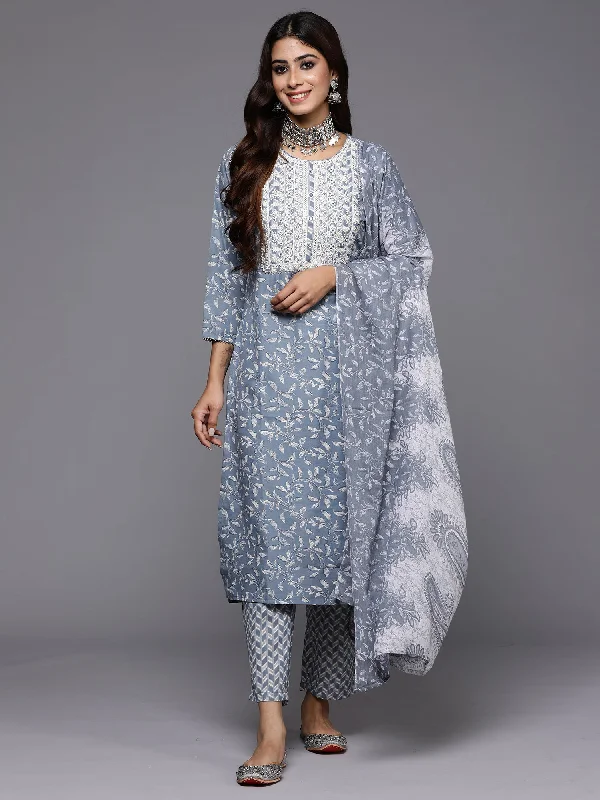 Women Grey Embroidered Straight Kurta Trousers With Dupatta Set - Taantav Trousers sophisticated sleek