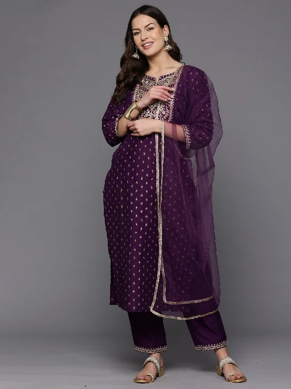 Women Purple Embroidered Straight Kurta Trousers With Dupatta Set - Taantav Trousers Print Floral