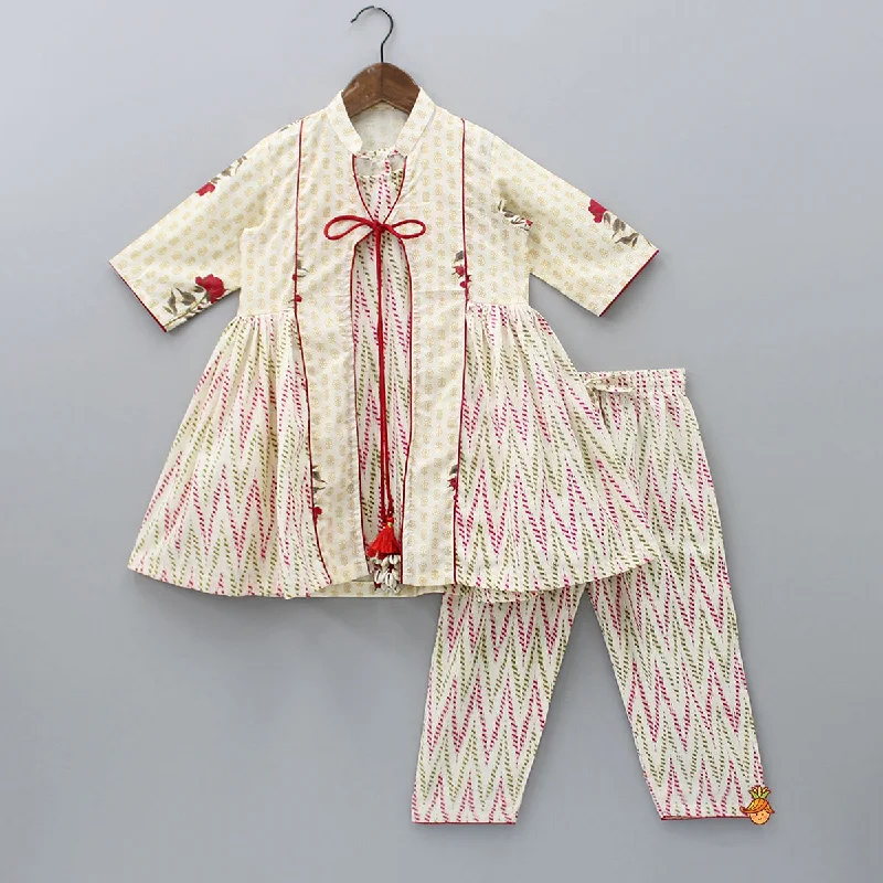 Pre Order: Off White Printed Top With Front Tie-Up Knot Jacket And Pant Faux Fur Fabric Real Fur Fabric Shearling Fabric Pre Order: Off White Printed Top With Front Tie-Up Knot Jacket And Pant Faux Fur Fabric Real Fur Fabric Shearling Fabric