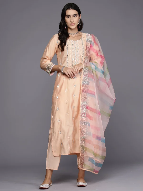 Women Peach Embroidered Straight Kurta Trousers With Dupatta Set - Taantav Trousers versatile all-occasion