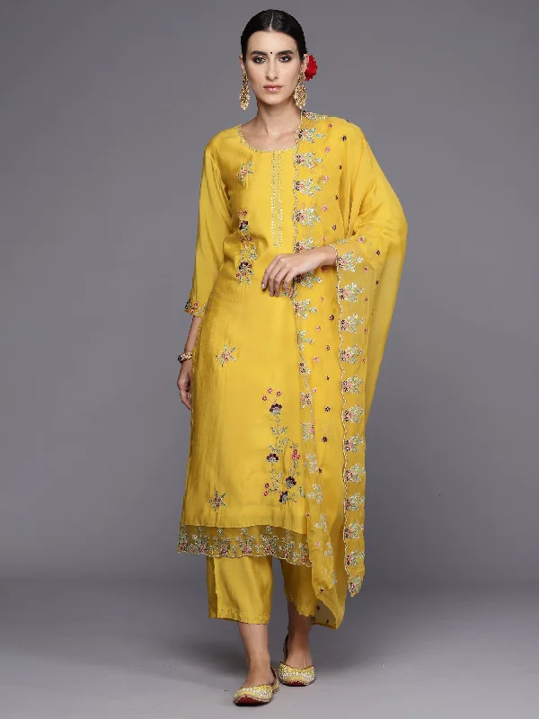 Women Yellow Embroidered Straight Kurta Trousers With Dupatta Set - Taantav Skinny Trousers Denim Stretchy