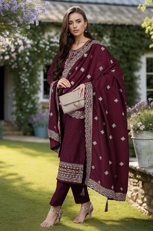 Ahika Burgundy Silk Blend Solid Straight Kurta Trousers With Dupatta Trousers Elastic Waist Soft