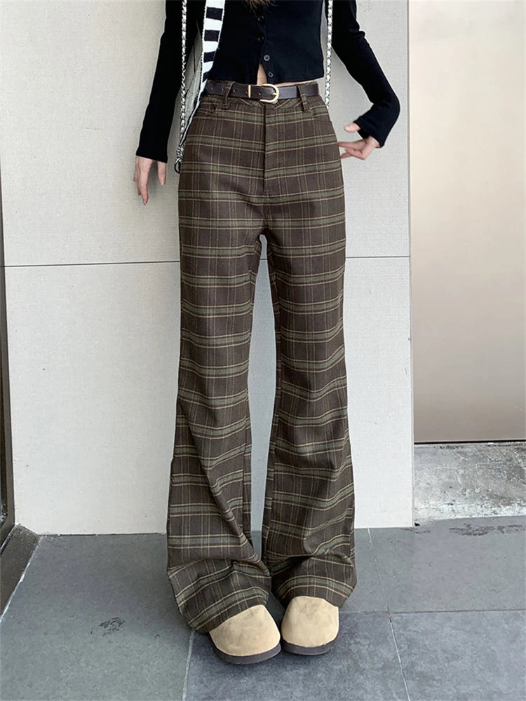 Advbridge  -  Women's Vintage Plaid Casual Flare Pants Street Retro Style Young Girl Bottoms Female High Waist Straight Bell-bottom Trousers Trousers Top Rated