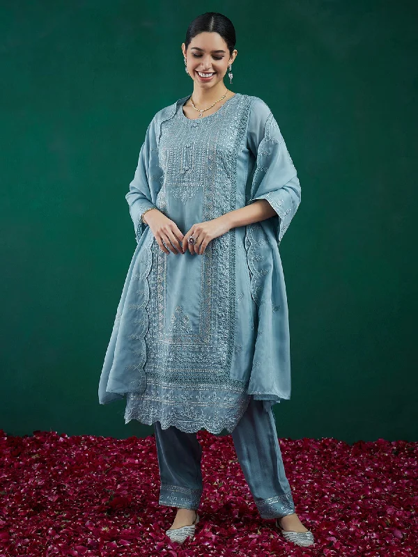 Women Blue Embroidered Straight Kurta Trousers With Dupatta Set - Taantav Trousers Capri Summer