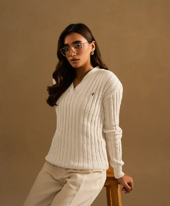 White V-Neck Sweater (Women) Fleece Sweater Nylon Polyester