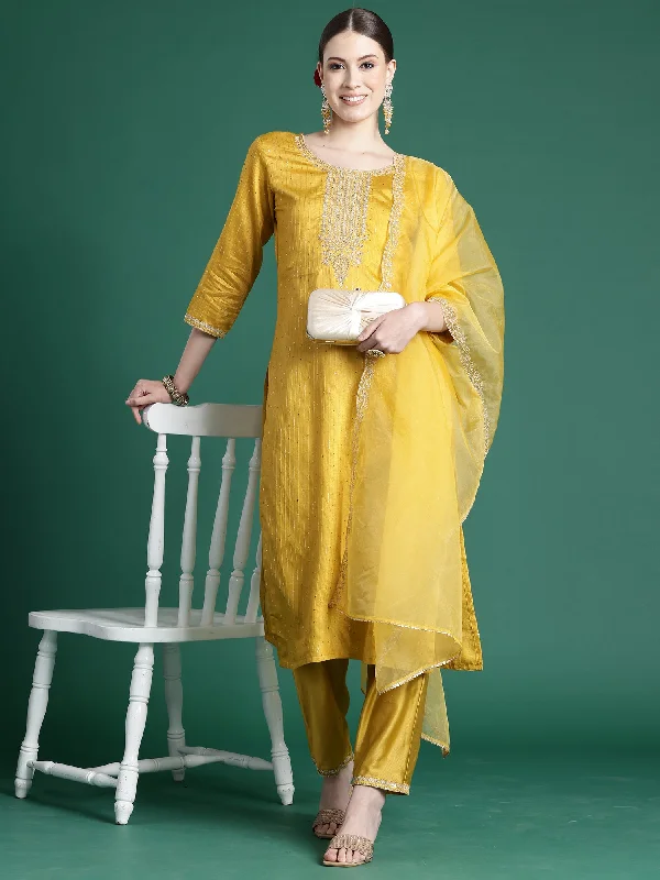 Women Yellow Embroidered Straight Kurta Trousers With Dupatta Set - Taantav Trousers Summer Linen